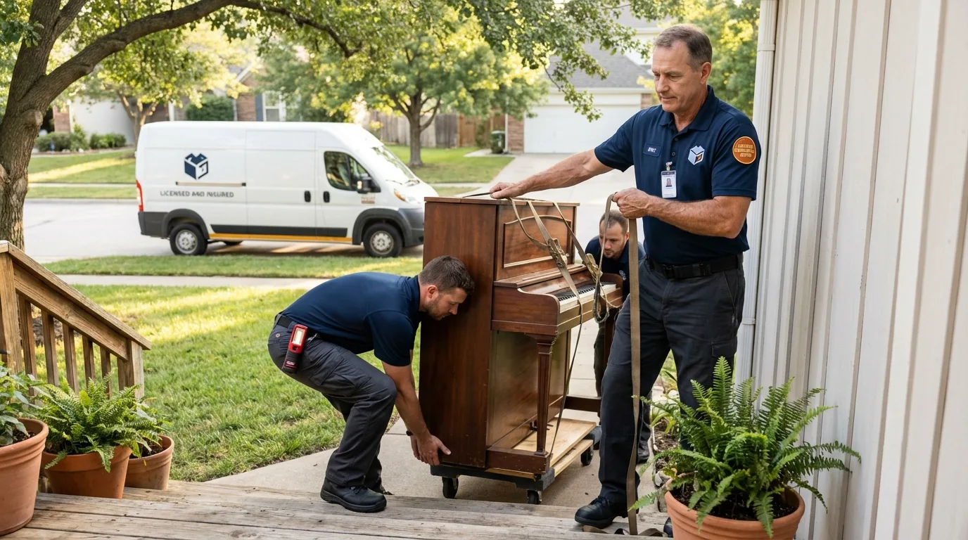 Licensed piano movers securing grand piano in Raymond, NH
