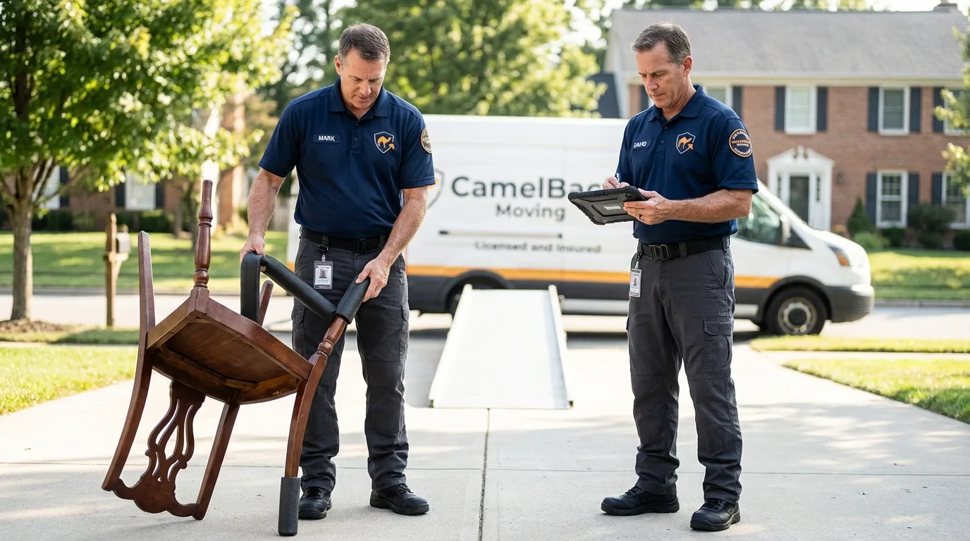 Movers inspecting furniture for damage prevention before loading in Raymond, NH