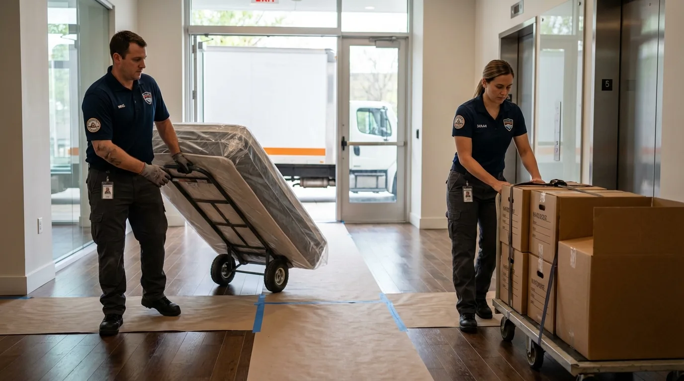 Professional apartment movers loading elevator in Raymond, NH