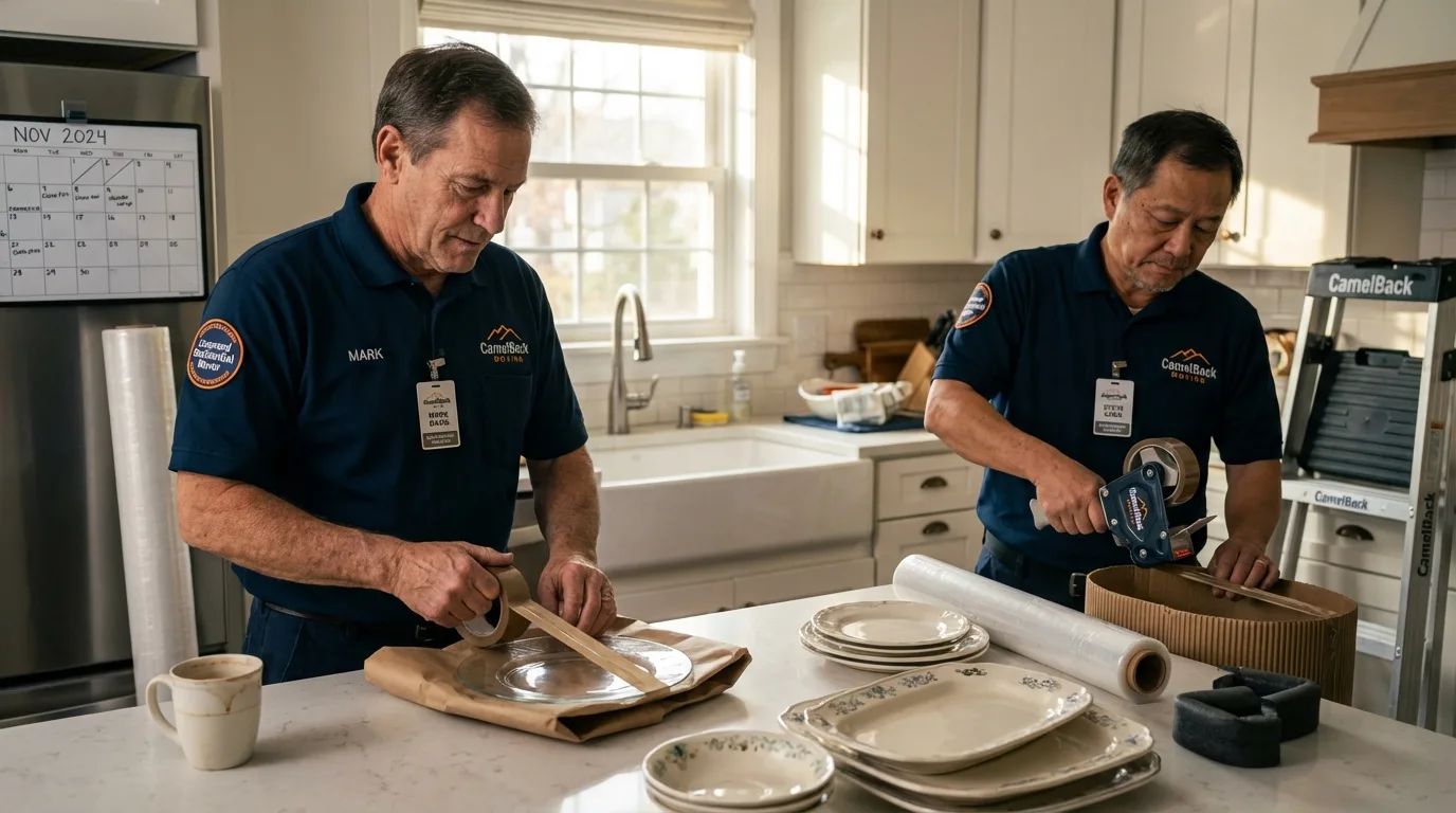 Professional crew packing kitchen dishware in Raymond, NH